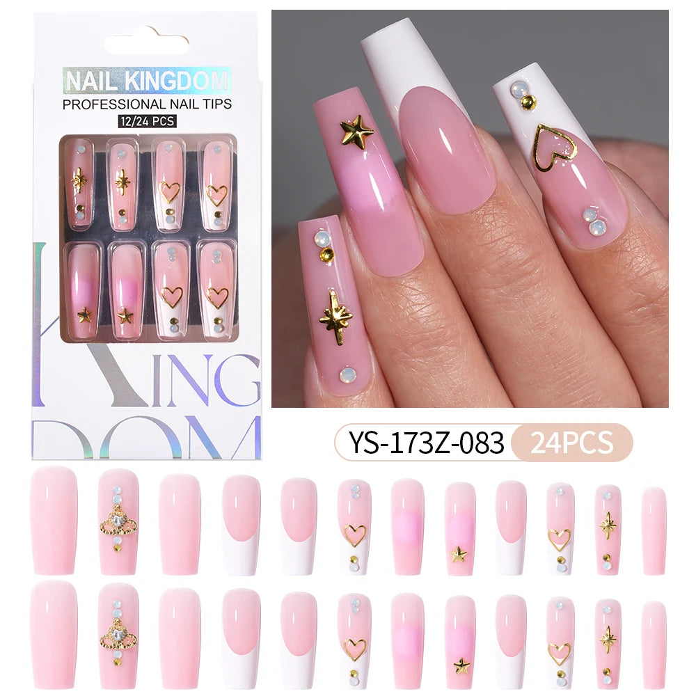 Manufacturer Direct Supply 24pcs Luxury Decorated False Nails Long Coffin Handmade 3d Gel Nail Art French Press on Nails