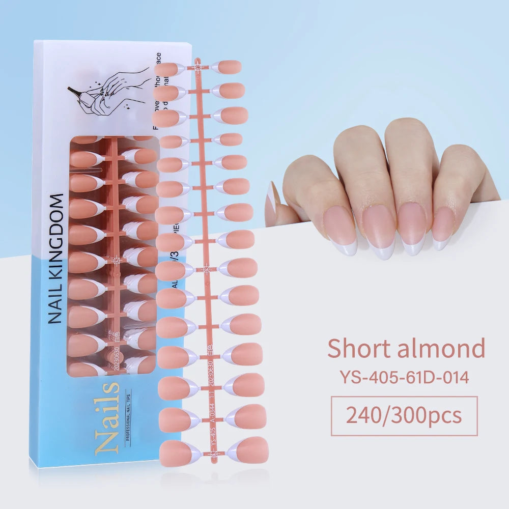 240pcs French Gel X Tips Press on Long Almond False Nails Premade Designed X Coat Tips Full Cover French Tip Press on Nails