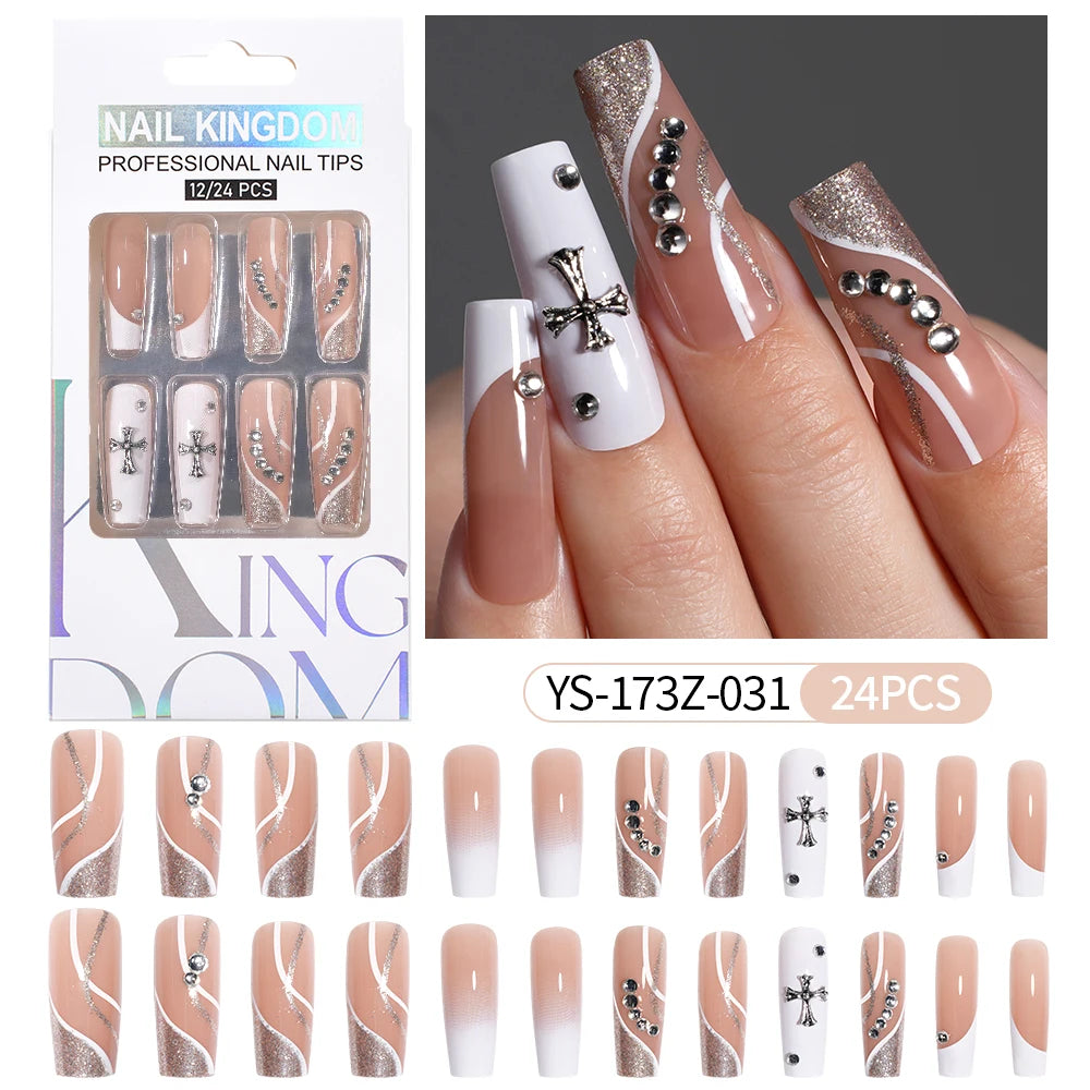 Manufacturer Direct Supply 24pcs Luxury Decorated False Nails Long Coffin Handmade 3d Gel Nail Art French Press on Nails