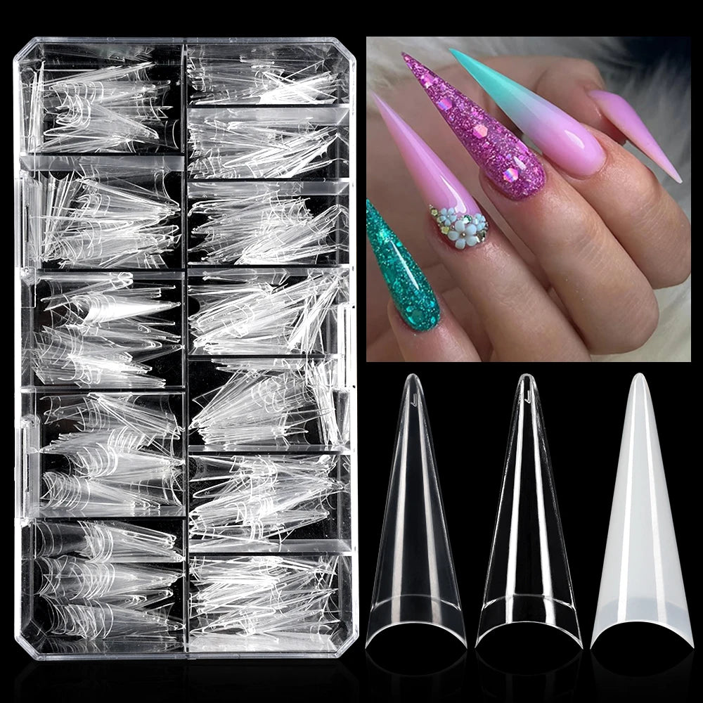 Long Stiletto False Nails 504pcs 12sizes Half Cover Traceless Natural Clear Stiletto Nail Tips