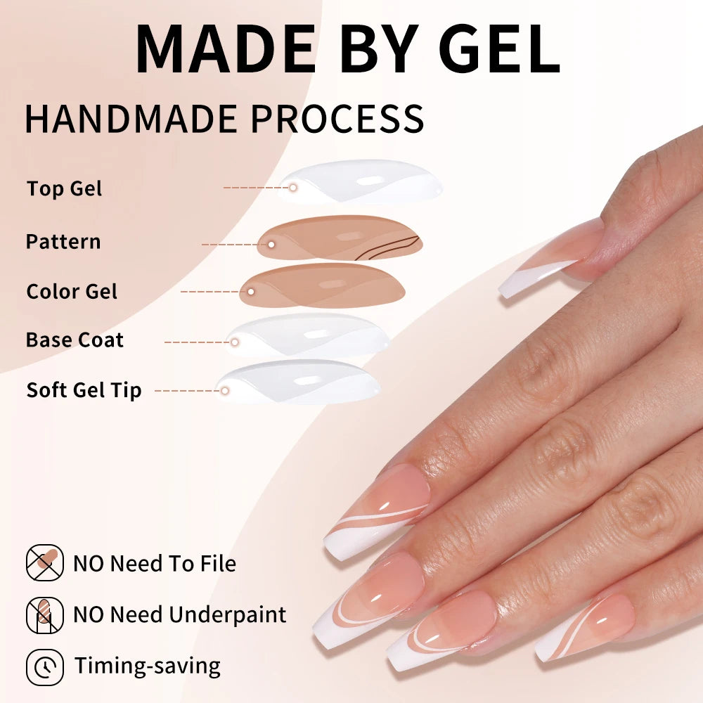 Private Label 120PCS/Bag French Artificial Fingernails Nude White Full Cover Long Square Handmade French Soft Gel Press on Nails