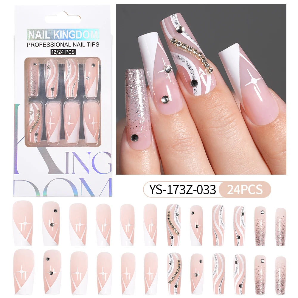 Manufacturer Direct Supply 24pcs Luxury Decorated False Nails Long Coffin Handmade 3d Gel Nail Art French Press on Nails