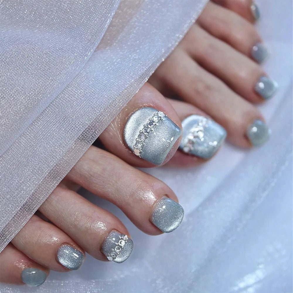 Wholesale 30PCS French Square Toe Nails Tips for Feet Luxury Cat Eye Wearable Feet Acrylic Press on Toe Nails for Nail Art Salon