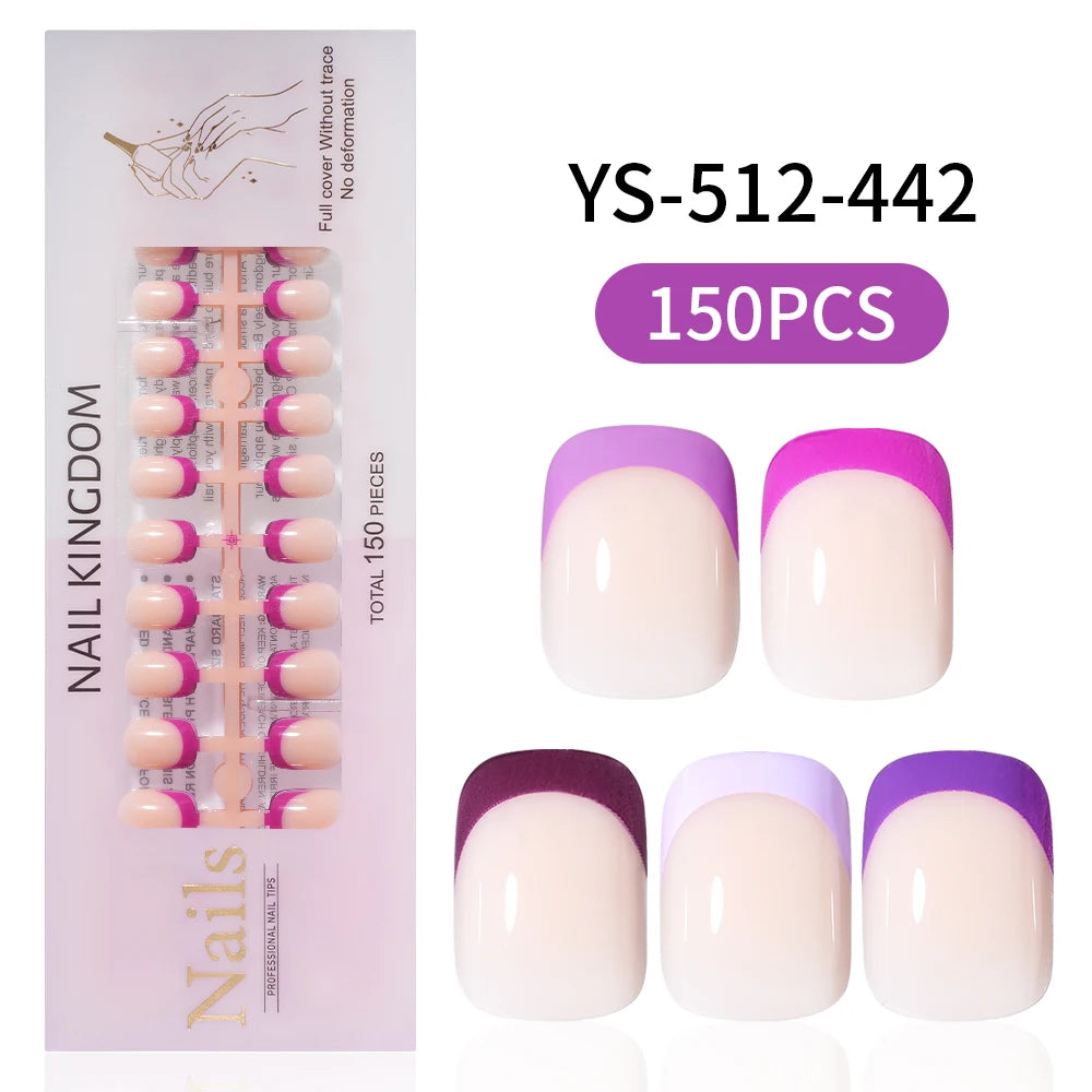 150PCS French Tip Press-On Nail Art Long Square Almond Full Cover Purple Solid Color for Finger Application Nail Supplier