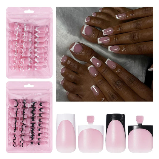 Factory Fake French Toenails Hand Nails Set 60pcs French White Black Tips Square French Soft Press on Acrylic Nails Set