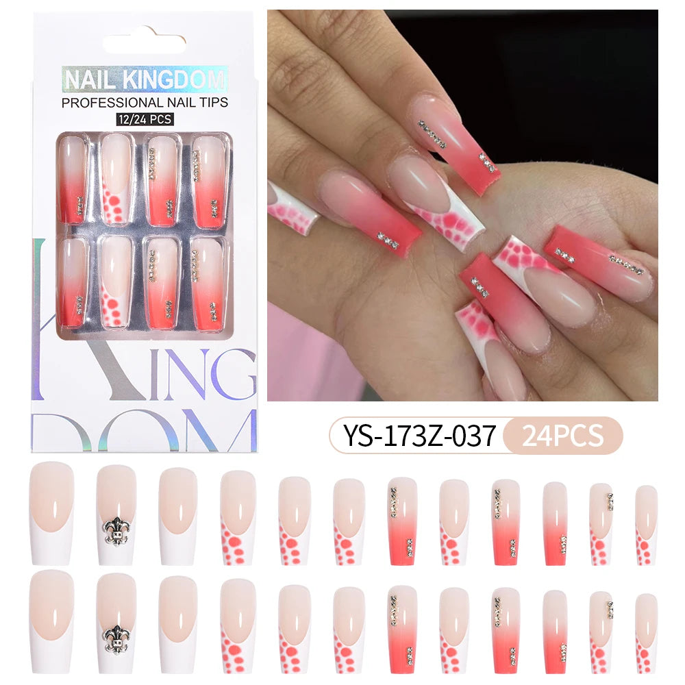 Manufacturer Direct Supply 24pcs Luxury Decorated False Nails Long Coffin Handmade 3d Gel Nail Art French Press on Nails
