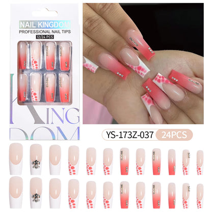 Manufacturer Direct Supply 24pcs Luxury Decorated False Nails Long Coffin Handmade 3d Gel Nail Art French Press on Nails