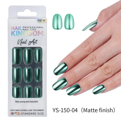 Custom Private Label 24pcs Short Round Solid Color Glittery Mirror False Nails Matte or Mirror Effect Press on Nails Set