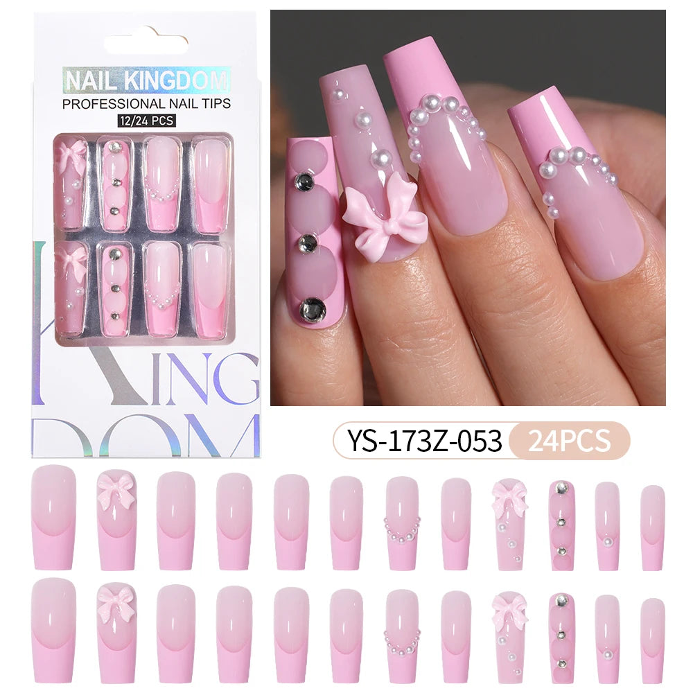 Manufacturer Direct Supply 24pcs Luxury Decorated False Nails Long Coffin Handmade 3d Gel Nail Art French Press on Nails