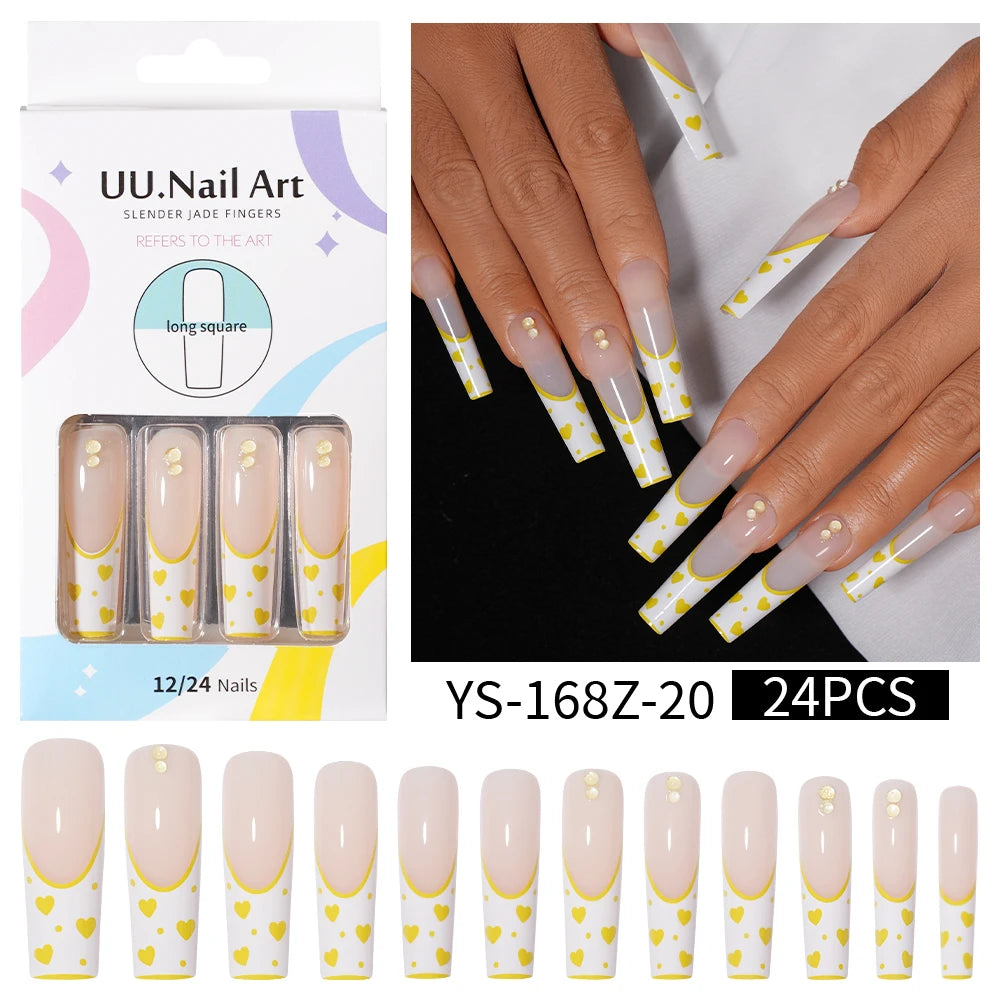 Private Label Wholesale Custom 24pcs French Style Press on Nail Long Square Rhinestone Luxury Press on Nails With Diamond