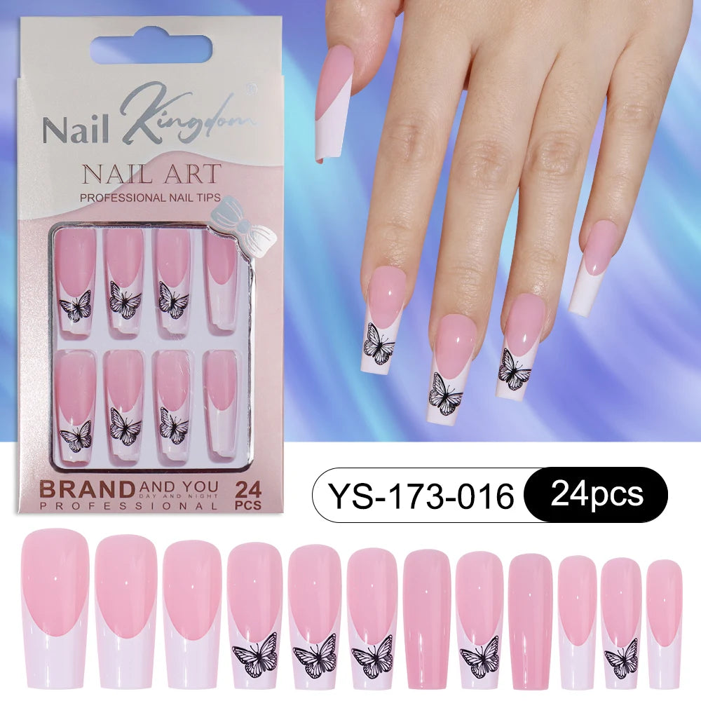 Wholesale Custom 24pcs Reusable Handmade Long Square Luxury French Tip Press on Nails for Nails Supplies Salon with Nail Tools