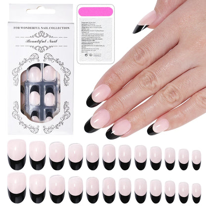 Custom 24PCS French Nails Press on Nude Color Handmade Short Round Acrylic Press on Nails French Black Tip