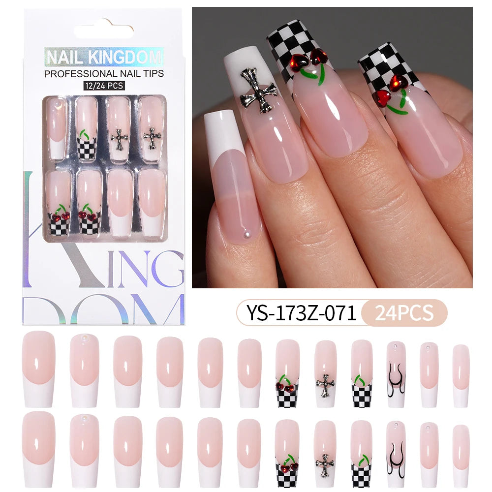 Manufacturer Direct Supply 24pcs Luxury Decorated False Nails Long Coffin Handmade 3d Gel Nail Art French Press on Nails