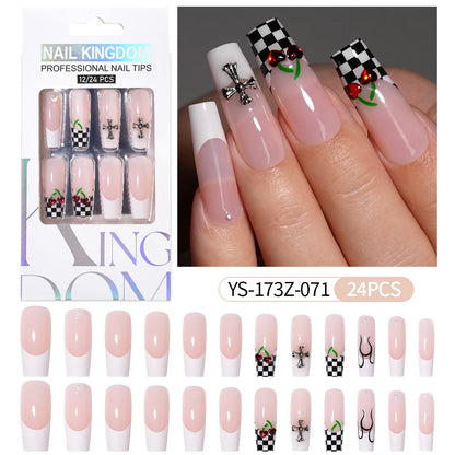 Manufacturer Direct Supply 24pcs Luxury Decorated False Nails Long Coffin Handmade 3d Gel Nail Art French Press on Nails