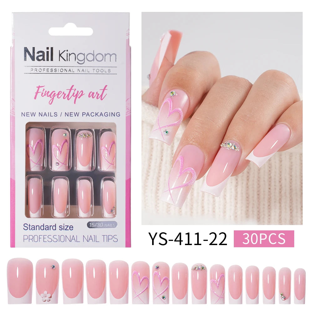 Nail Supplier Custom 30PCS Acrylic Designed Press on Nails Art Handmade Medium Square 3D Flower Gel French Press on Nails