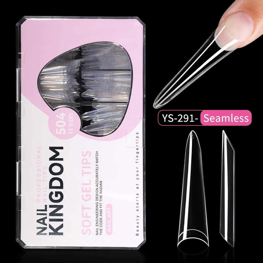 New Design OEM Long Stiletto False Nails 504pcs 12sizes Half Cover Soft Gel Traceless Natural Clear XXL Stiletto Nail Tips