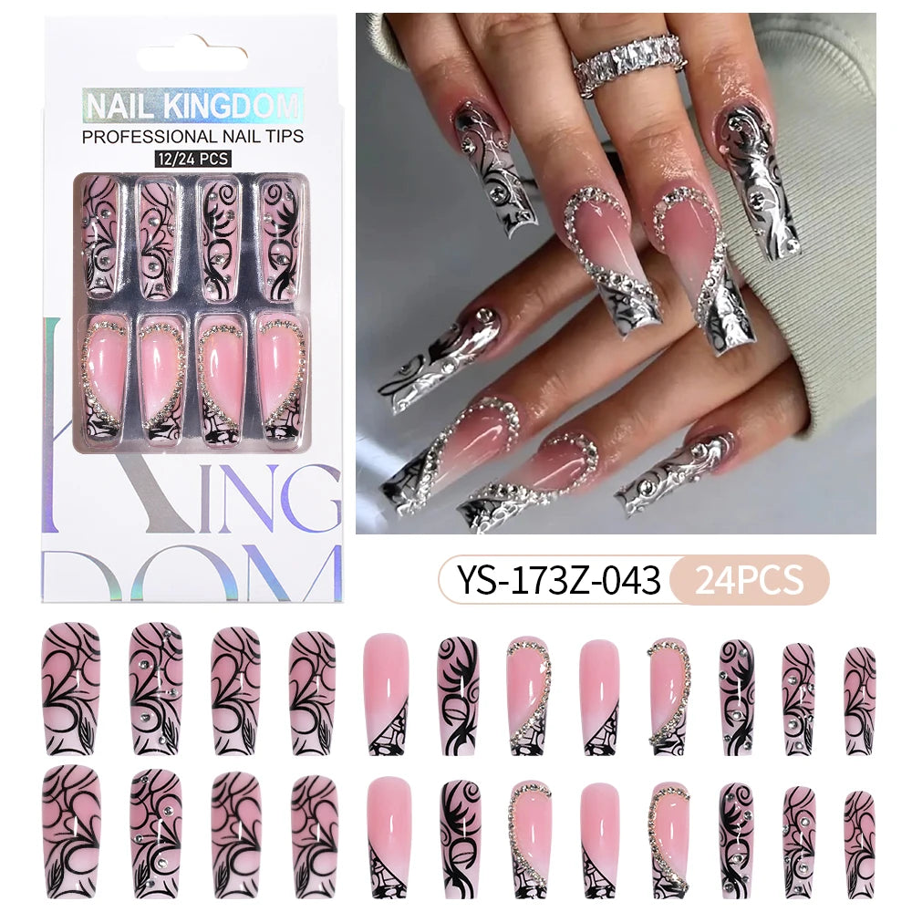Manufacturer Direct Supply 24pcs Luxury Decorated False Nails Long Coffin Handmade 3d Gel Nail Art French Press on Nails