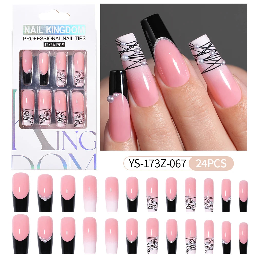 Manufacturer Direct Supply 24pcs Luxury Decorated False Nails Long Coffin Handmade 3d Gel Nail Art French Press on Nails