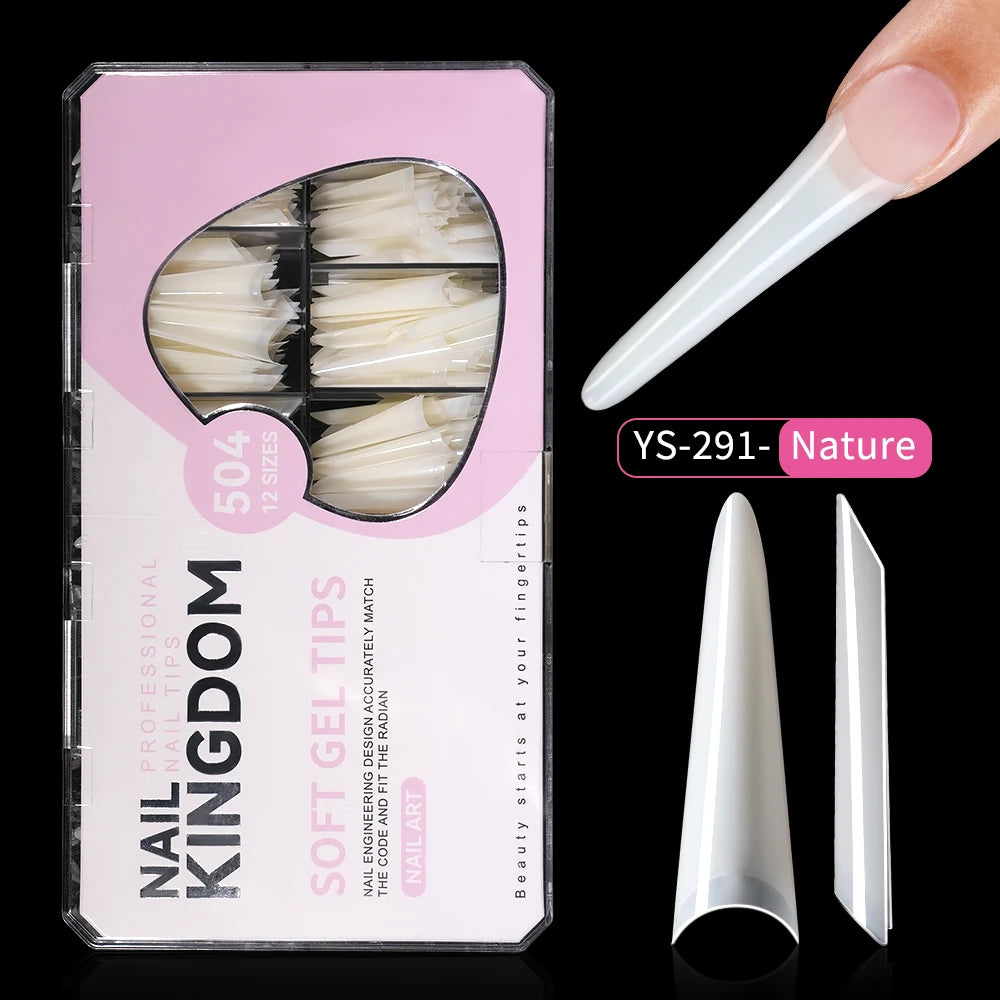 New Design OEM Long Stiletto False Nails 504pcs 12sizes Half Cover Soft Gel Traceless Natural Clear XXL Stiletto Nail Tips