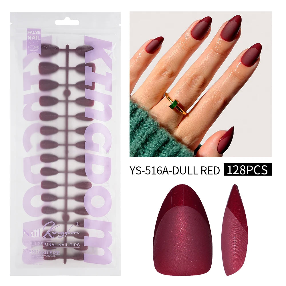 Wholesale 128PCS French Nails Press on Red Black Pink Solid Color Short Almond Half Matte Press on Nails French Glitter Tip