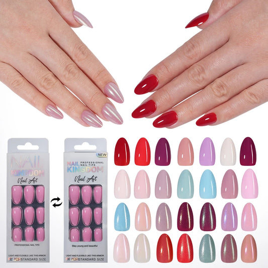 Nail Factory Custom 32pcs/30pcs Handmade Gel Nails Press on Full Cover Solid Color Aurora Glitter Almond Press on Nail Tips