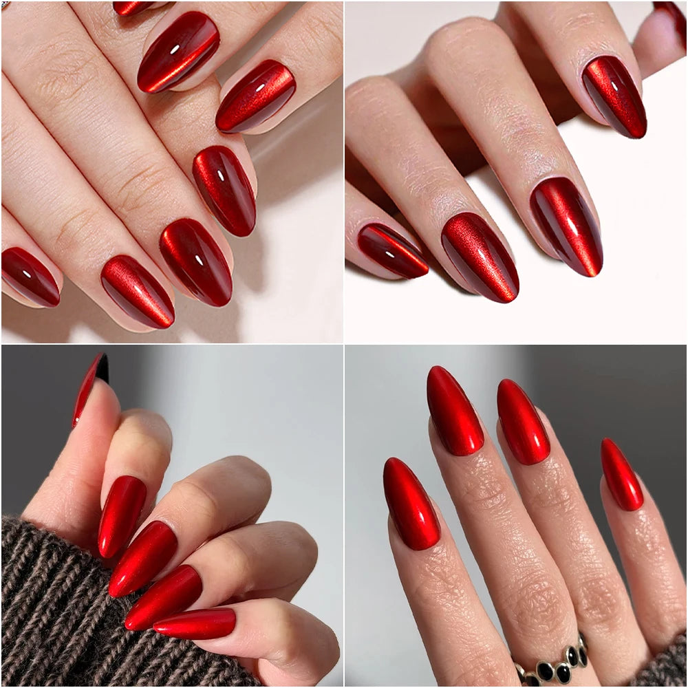 32pcs/128pcs Custom Cherry Wine Crystal Cat Eye False Nails Reusable Solid Color Short Almond Red Cat Eye Press on Nails Art