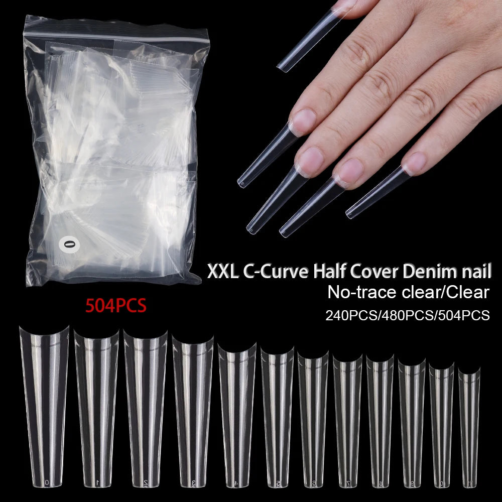 Wholesale 500pcs Box XXL Curved C False Nail Tips Half Cover Long French Artificial Fingernails Transparent Coffin Nail Tips