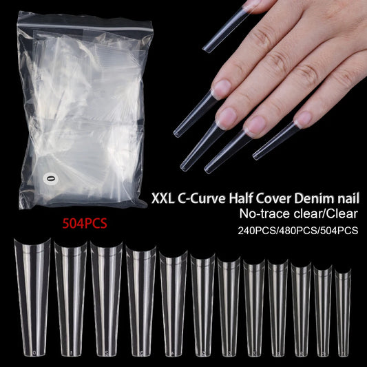Wholesale 500pcs Box XXL Curved C False Nail Tips Half Cover Long French Artificial Fingernails Transparent Coffin Nail Tips