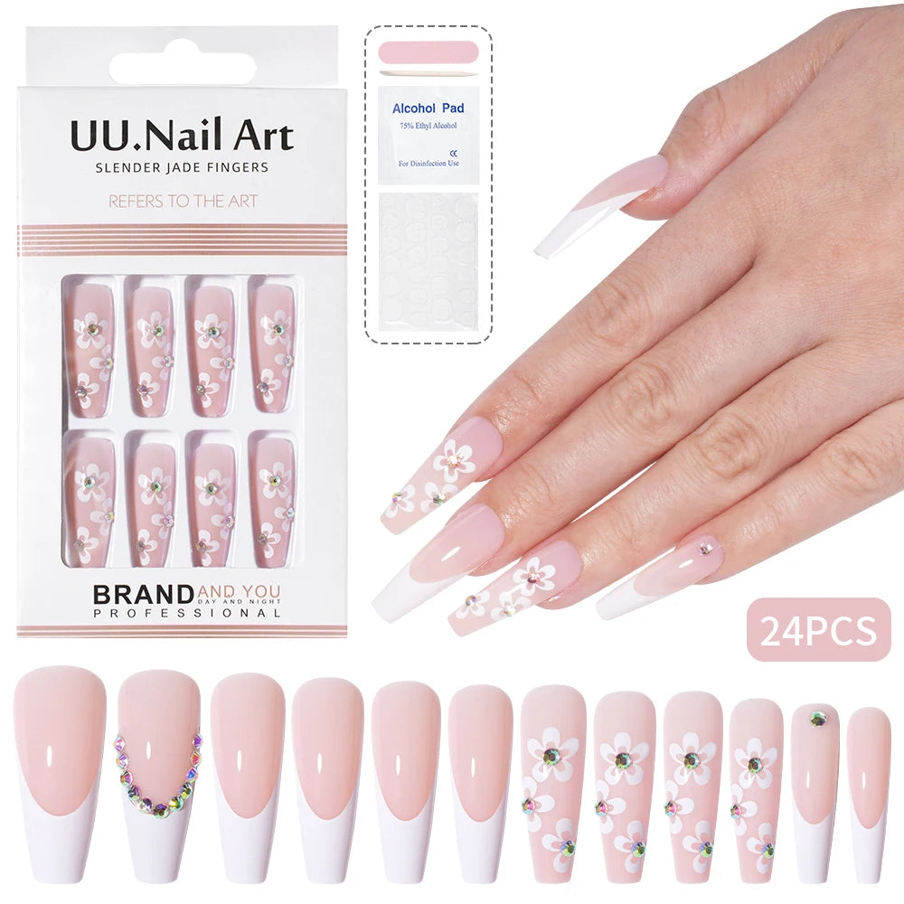 Wholesale Diy French Nail Art Design Press on Nail Long Coffin 3D Diamond Flower Luxury French Press on Nails with Jelly Glue