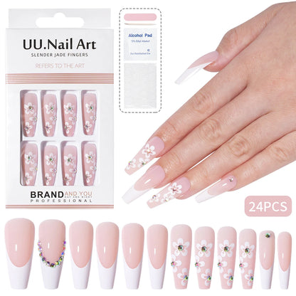 Wholesale Diy French Nail Art Design Press on Nail Long Coffin 3D Diamond Flower Luxury French Press on Nails with Jelly Glue