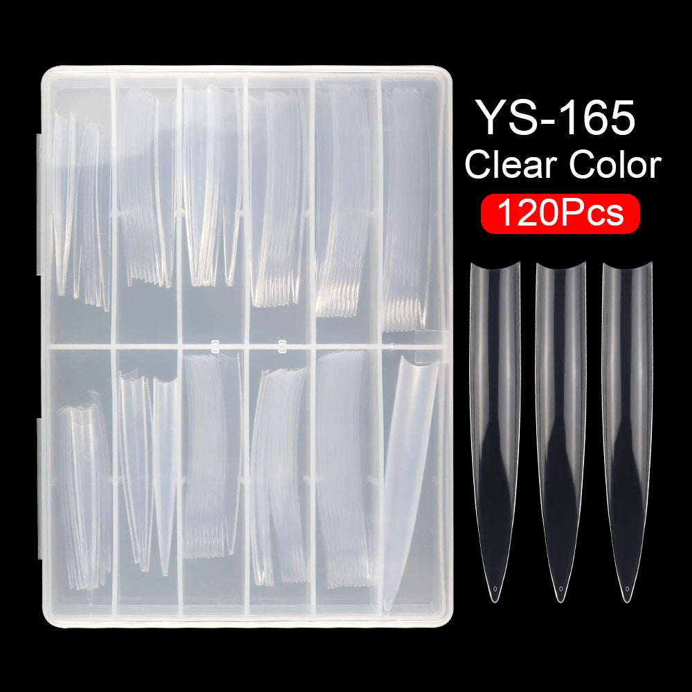 120 Pcs/box Extra Long Clear Natural Artificial Fingernails Acrylic False Nail Tips C Curve Pointed Stiletto Nail Art Tips