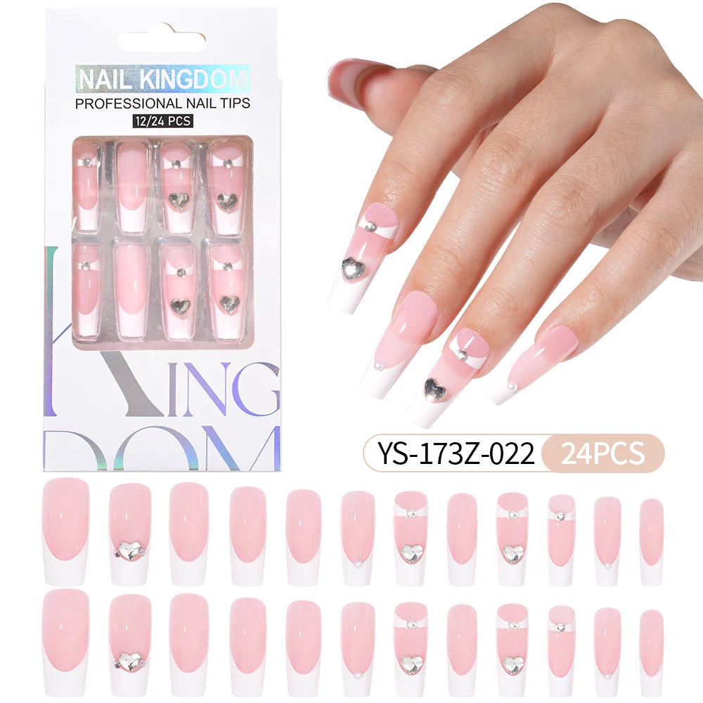Manufacturer Direct Supply 24pcs Luxury Decorated False Nails Long Coffin Handmade 3d Gel Nail Art French Press on Nails