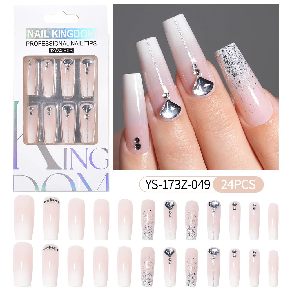 Manufacturer Direct Supply 24pcs Luxury Decorated False Nails Long Coffin Handmade 3d Gel Nail Art French Press on Nails