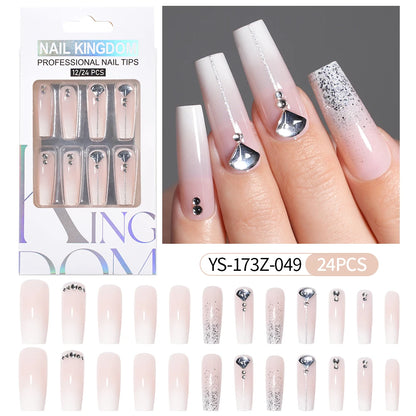 Manufacturer Direct Supply 24pcs Luxury Decorated False Nails Long Coffin Handmade 3d Gel Nail Art French Press on Nails