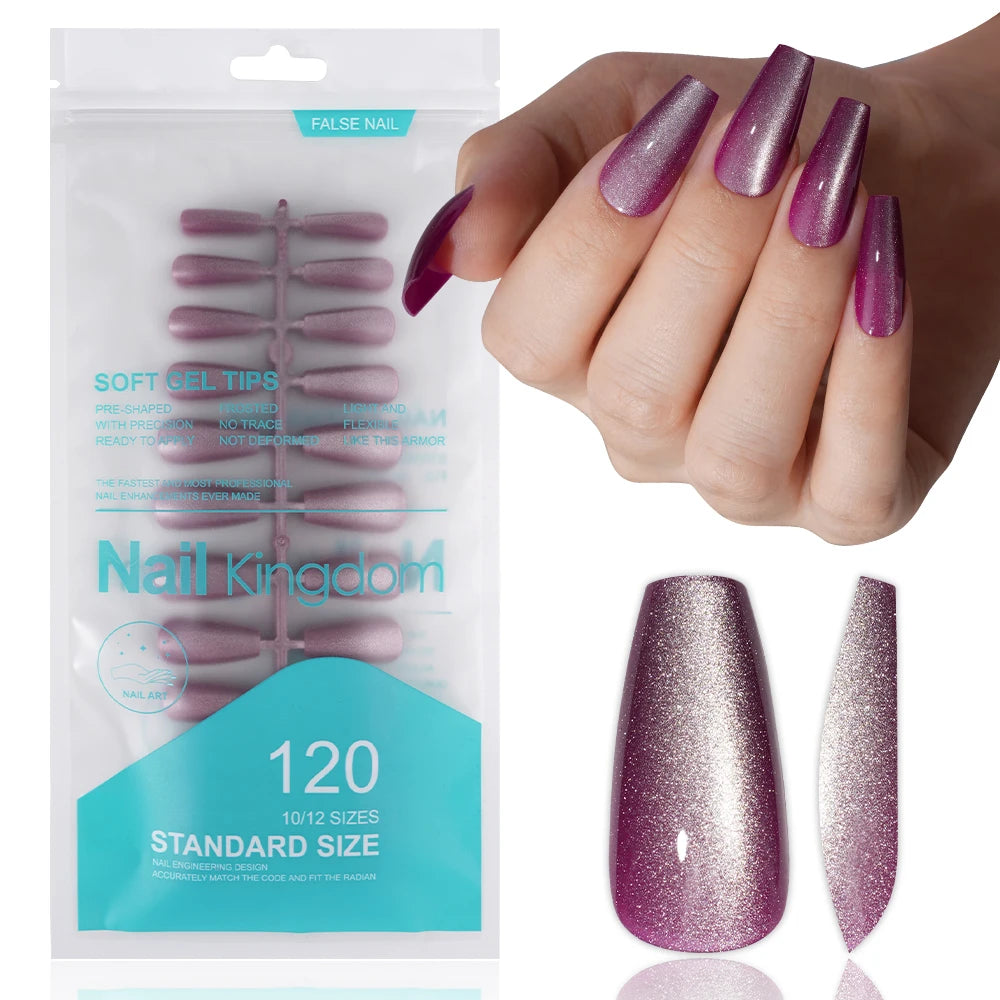 Wholesale OEM 120PCS Pink Purple Gray Cat Eye False Nails Design Luxury Glitter Cat Eye Solid Color Handmade Press on Nails Set