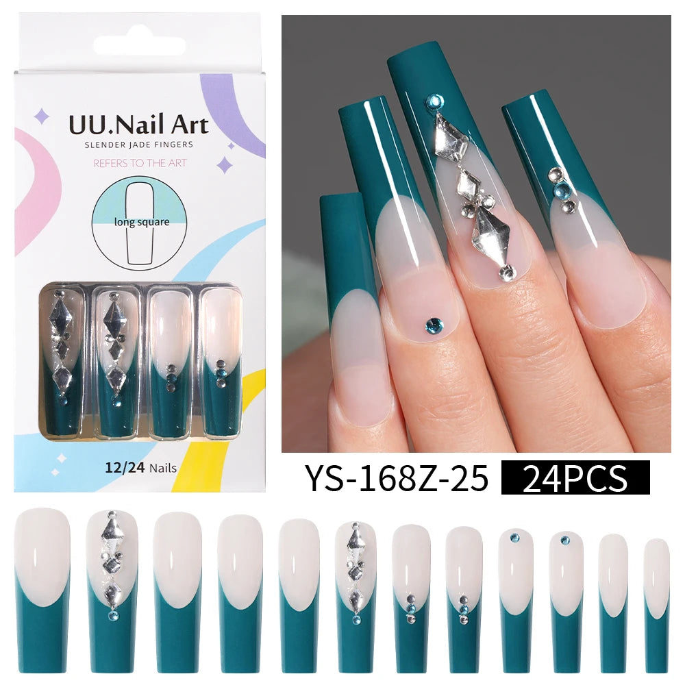 Private Label Wholesale Custom 24pcs French Style Press on Nail Long Square Rhinestone Luxury Press on Nails With Diamond
