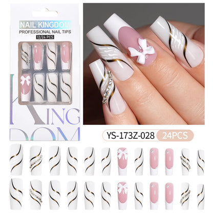 Manufacturer Direct Supply 24pcs Luxury Decorated False Nails Long Coffin Handmade 3d Gel Nail Art French Press on Nails