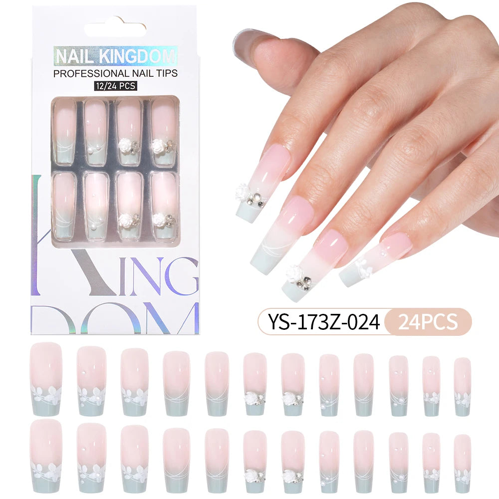 Manufacturer Direct Supply 24pcs Luxury Decorated False Nails Long Coffin Handmade 3d Gel Nail Art French Press on Nails