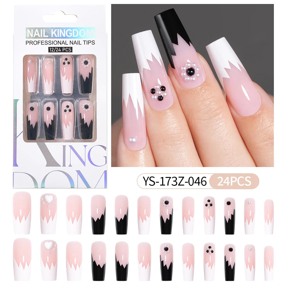 Manufacturer Direct Supply 24pcs Luxury Decorated False Nails Long Coffin Handmade 3d Gel Nail Art French Press on Nails