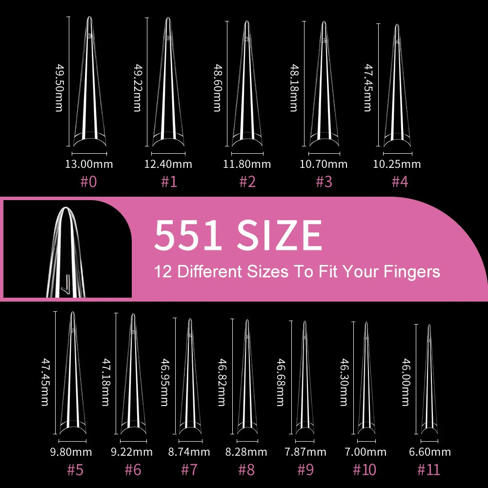 Wholesale Extra Long 504pcs Stiletto Nail Tips Long Pointed Nail Extensions for Finger Nature Clear Half Cover Manicure Design
