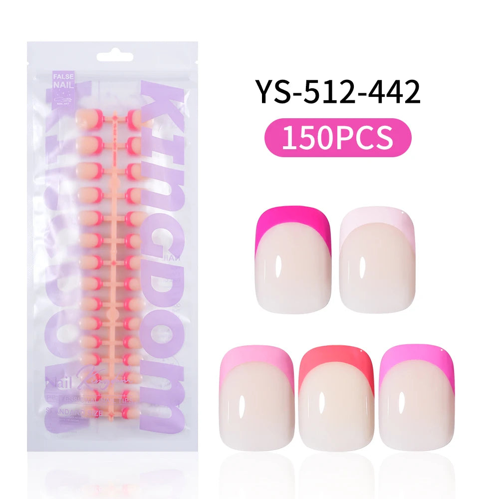 Nail Supplier 150PCS Pink French Tip Wearable Nail Long Short Square Almond Full Cover Pink Solid Color French Press on Nail