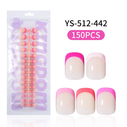 Nail Supplier 150PCS Pink French Tip Wearable Nail Long Short Square Almond Full Cover Pink Solid Color French Press on Nail