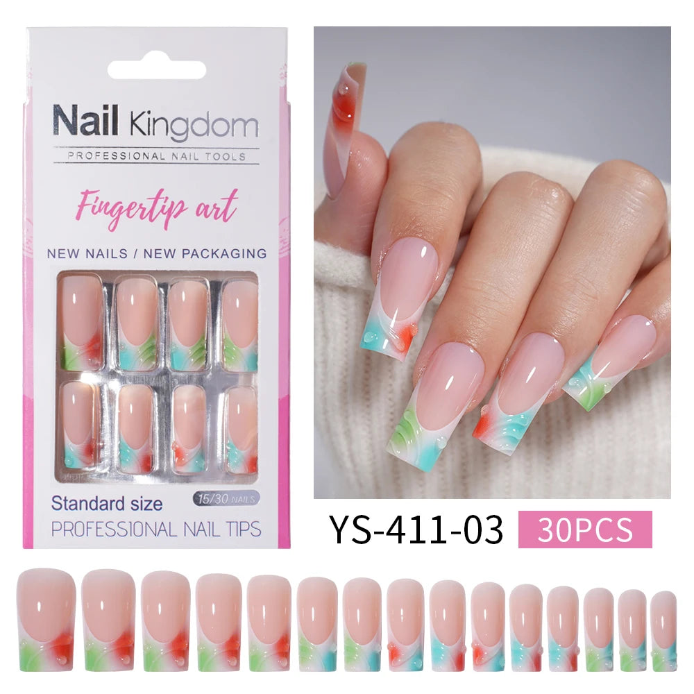 Nail Supplier Custom 30PCS Acrylic Designed Press on Nails Art Handmade Medium Square 3D Flower Gel French Press on Nails