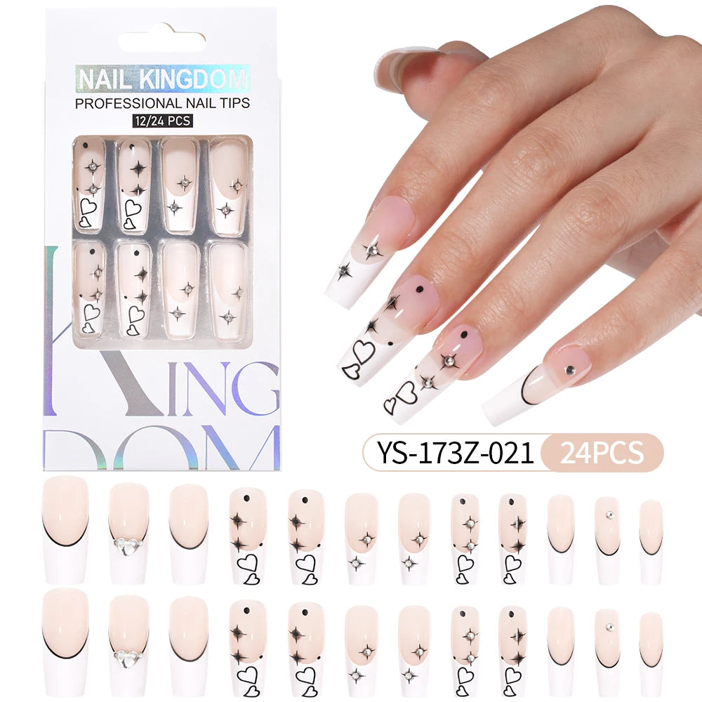 Manufacturer Direct Supply 24pcs Luxury Decorated False Nails Long Coffin Handmade 3d Gel Nail Art French Press on Nails