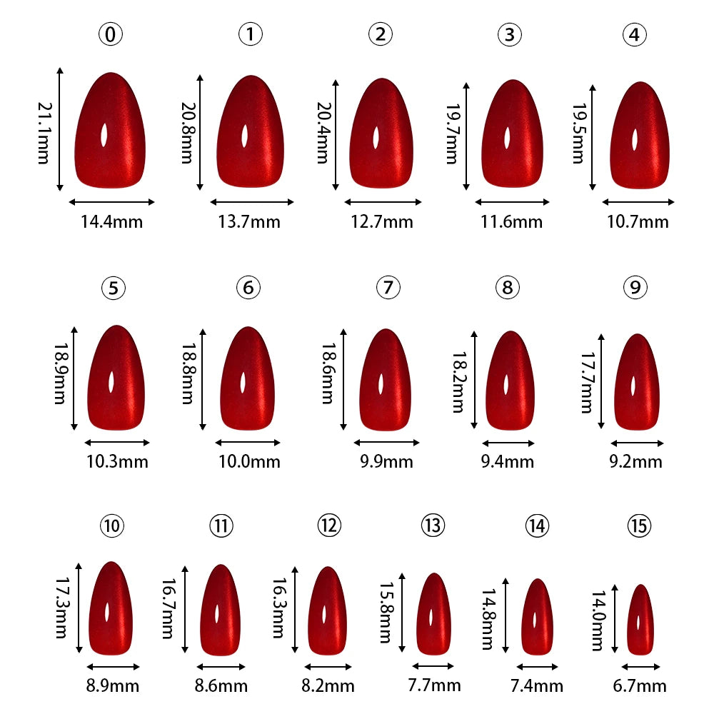 32pcs/128pcs Custom Cherry Wine Crystal Cat Eye False Nails Reusable Solid Color Short Almond Red Cat Eye Press on Nails Art