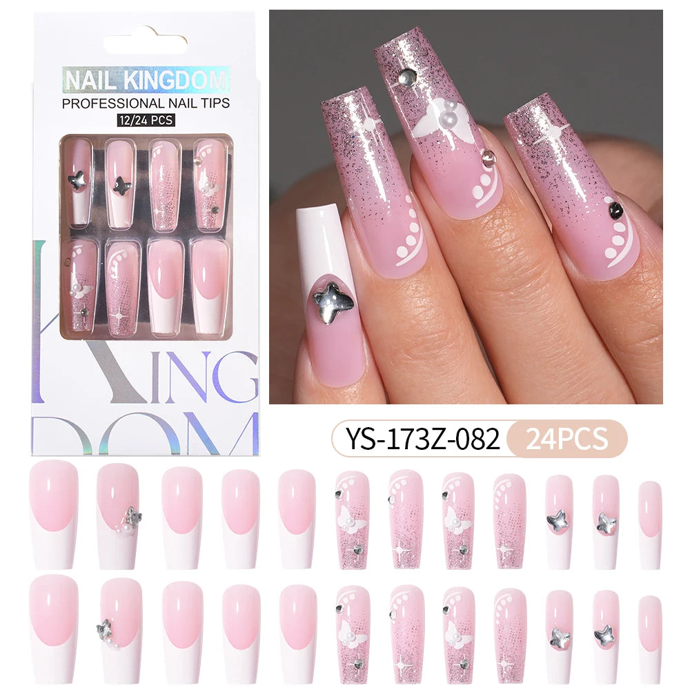 Manufacturer Direct Supply 24pcs Luxury Decorated False Nails Long Coffin Handmade 3d Gel Nail Art French Press on Nails