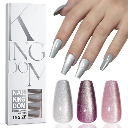 Wholesale OEM 120PCS Pink Purple Gray Cat Eye False Nails Design Luxury Glitter Cat Eye Solid Color Handmade Press on Nails Set