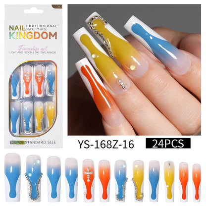 Private Label Wholesale Custom 24pcs French Style Press on Nail Long Square Rhinestone Luxury Press on Nails With Diamond