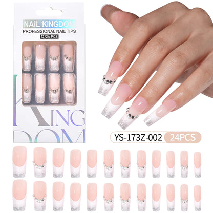 Manufacturer Direct Supply 24pcs Luxury Decorated False Nails Long Coffin Handmade 3d Gel Nail Art French Press on Nails