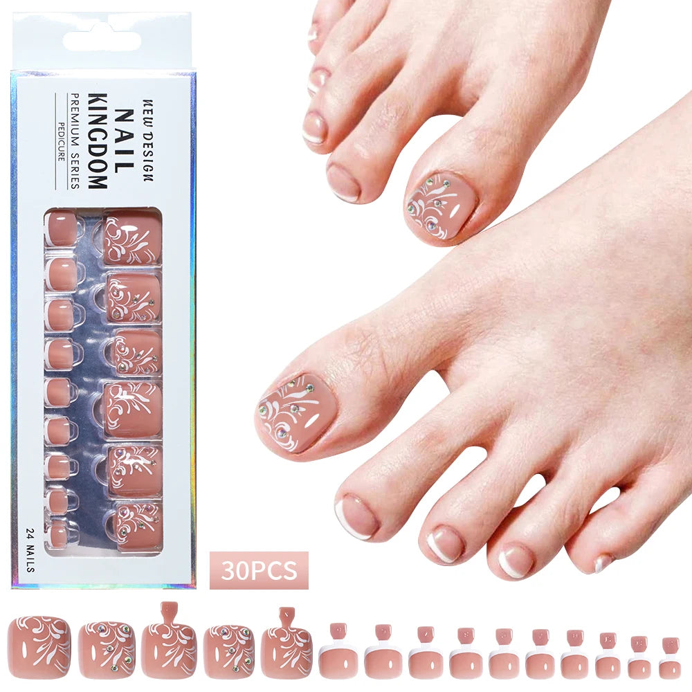 Custom 30pcs Nude Pink Luxury Press on Foot Nail Tips Bling Glitter Toenails Short Square French Press on Toe Nails With Diamond
